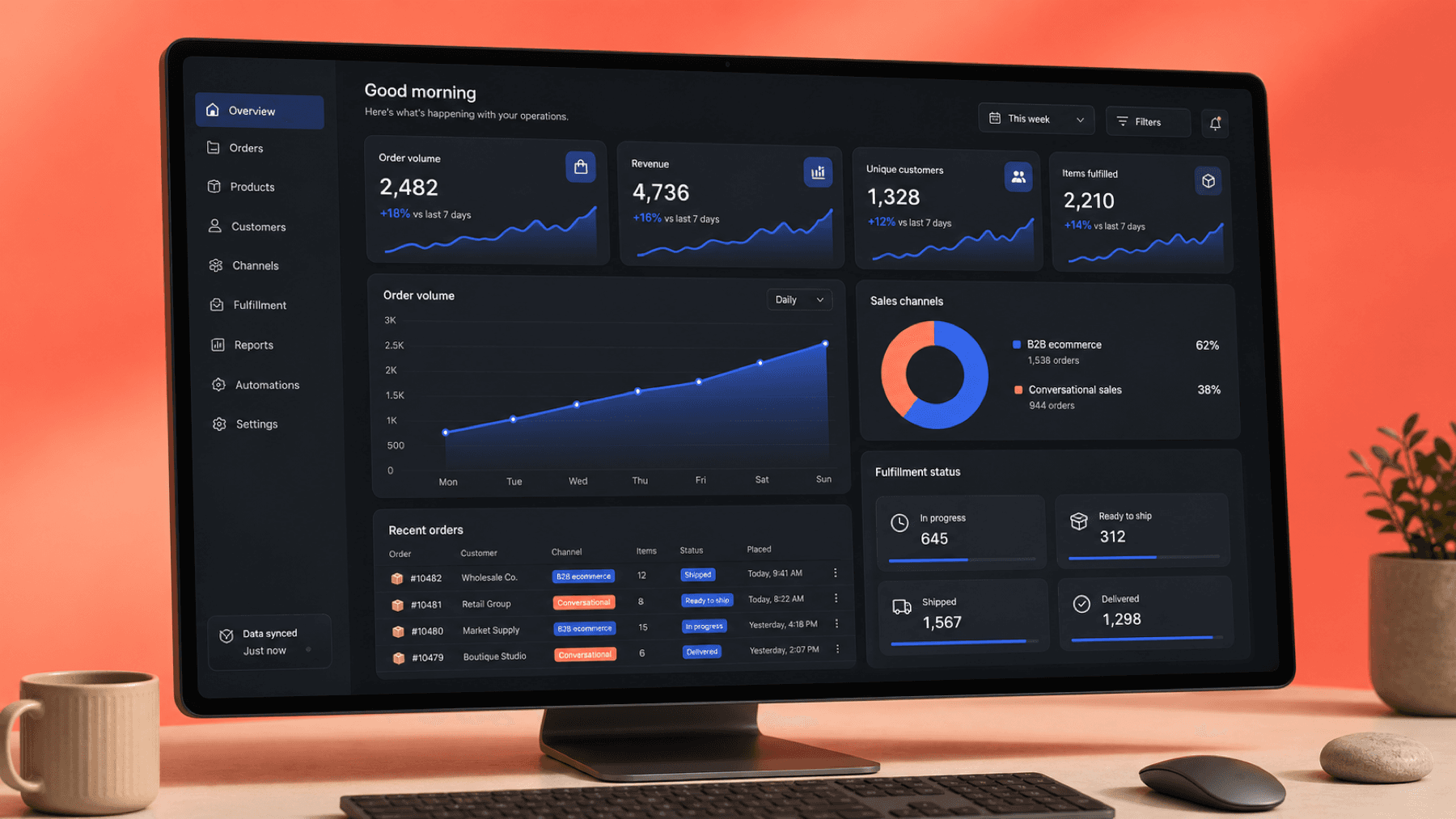 Dashboard de comercio con pedidos, canales de venta y estados de despacho